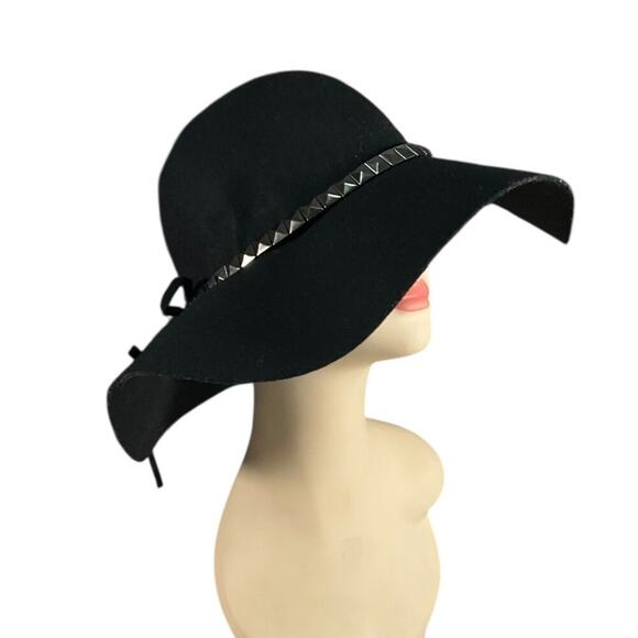 D&Y Black Wool Wide Brim Floppy Hat Studded Band Boho Western Festival, Bohemian main image 5